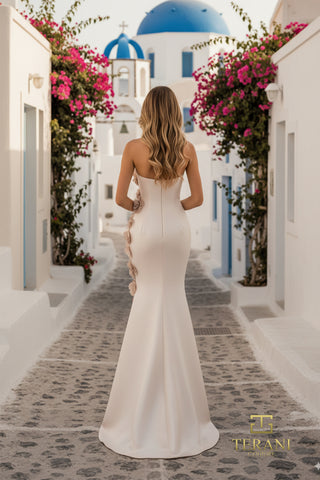 Blush bridal gown in Santorini alley