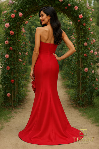 Red strapless gown, 261e6698redb, standing in garden archway