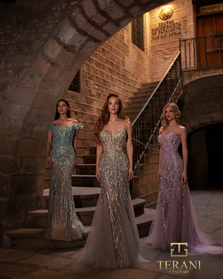 Terani Couture gowns, 261gl6373-261p6191, three models in a stone archway.