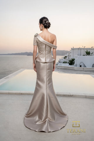 Mocha Silver One Shoulder Gown