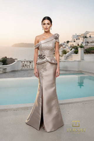 Elegant mocha one-shoulder gown