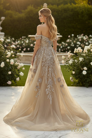 Off-the-shoulder formal gown with floral embroidery, style 261m6435c.
