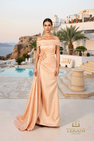 Blush gold off-the-shoulder gown