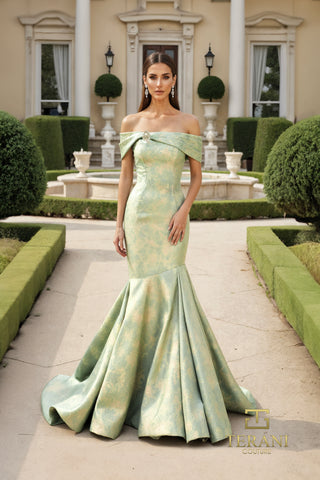 Sage gold off-shoulder gown