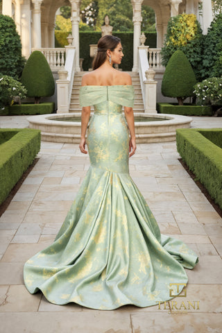 Sage green off-shoulder gown with train