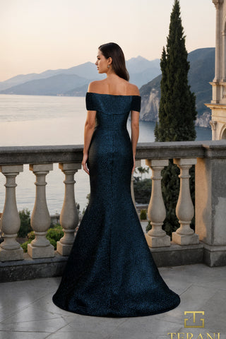 Navy off-shoulder gown 261m6449 by the water