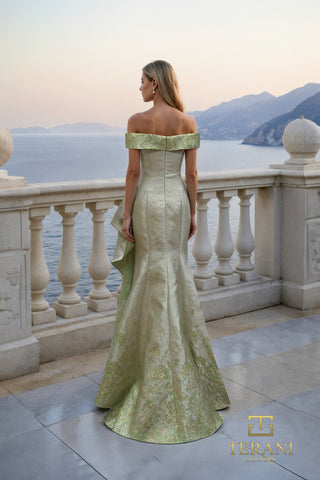 Silver Green Off-Shoulder Gown with Ocean View