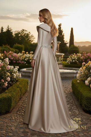 Elegant satin dress, 261m6455b, with garden backdrop