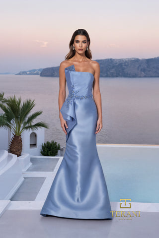 Slate blue one-shoulder gown, 261m6462
