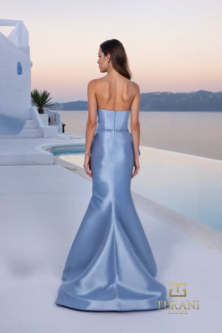 Slate blue strapless mermaid gown by Terani