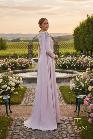 Elegant pink dress in garden setting