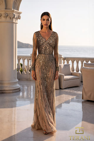 Champagne silver beaded gown, style 261m6727, standing on patio.