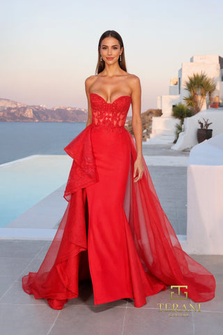 Red strapless evening gown with train