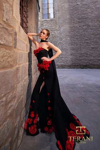 Black gown with red rose detail; 261p6623_2