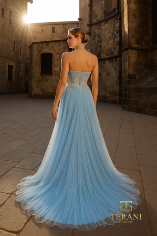 Blue backless gown in sunlight