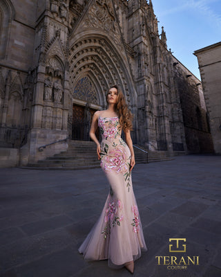 Woman in floral gown in front of cathedral, 261p6677_1