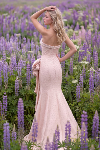 Terani Couture 271P8055 Blush Strapless Satin Trumpet Gown with 3D Hip Rosette
