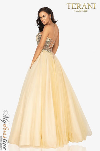 Woman in a gold formal gown.