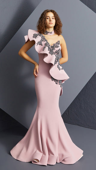 Elegant pink gown with black lace detail - 5574R-1