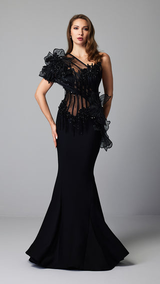 Woman in a black, one-shoulder evening gown.
