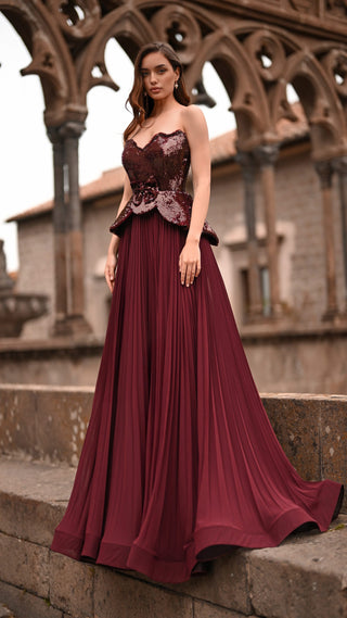 Woman in burgundy evening gown, 6096-s-2