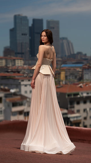 Woman in gown, 6096W-3, with city skyline background