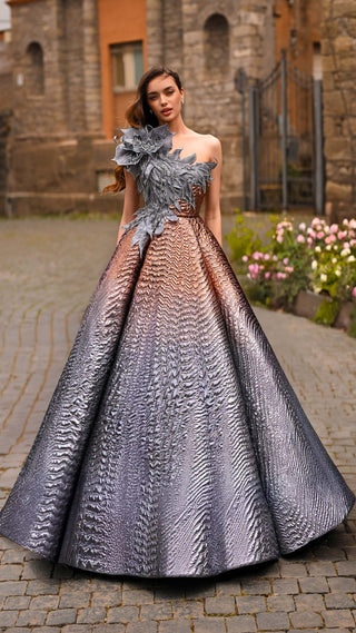 Evening gown 6117s-scaled with floral shoulder detail.