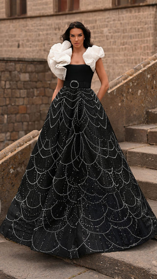 Elegant black gown with white accent, 6142s-scaled