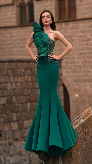Emerald green one-shoulder gown, style 6149.