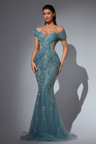 Elegant teal off-shoulder gown, 9c3d4c5f6r0b203e657077e43a3523ed2