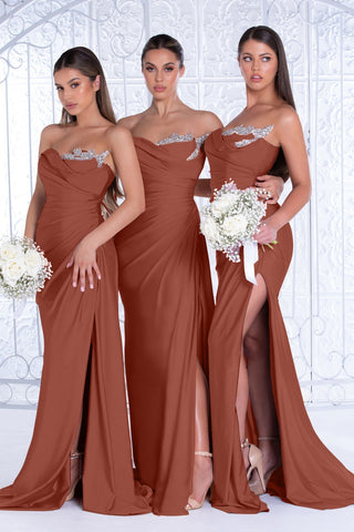 Charlotte Rust bridesmaid dresses with bouquets