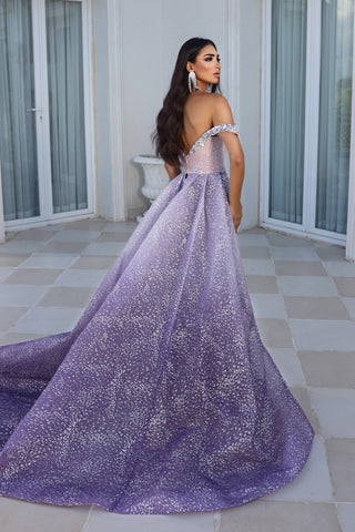 Lilac evening gown PS23034 - Model in a sparkling purple dress