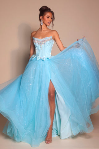 Strapless blue formal gown with high slit