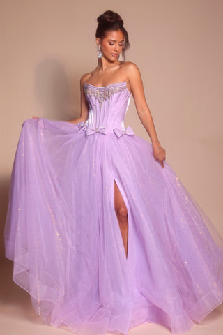PS25336 Lilac Strapless Gown with High Slit