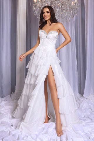 Ivory tiered formal gown PS25963 with thigh slit