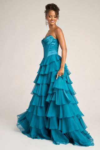 Teal layered formal gown, PS25963.