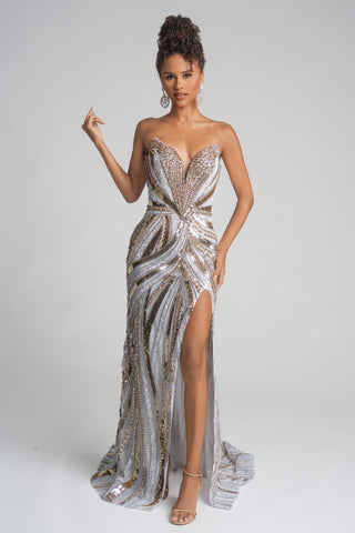 Ivory & Gold Sequin Gown PS25984C - High Slit Formal Dress