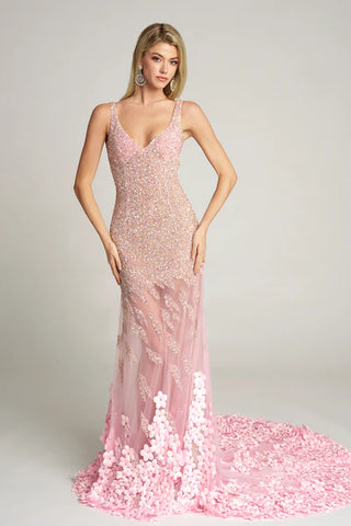 Pink beaded evening gown with floral train
