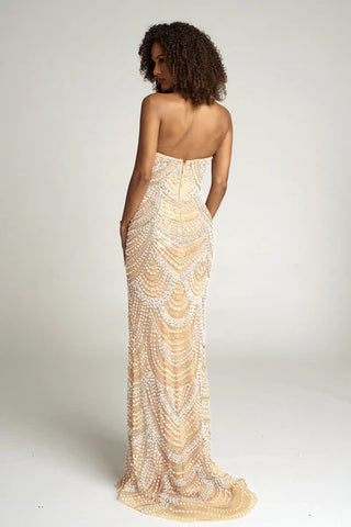 Pearl White beaded strapless gown, PS25994C