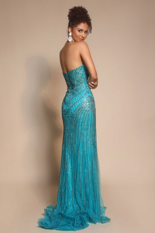 Woman in peacock blue formal gown