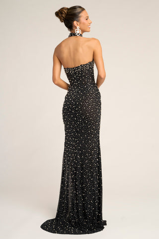 Black beaded halter gown