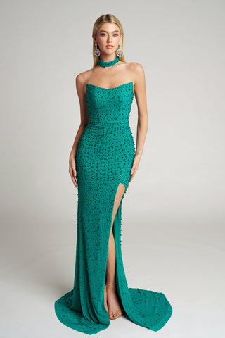 Emerald beaded gown with slit