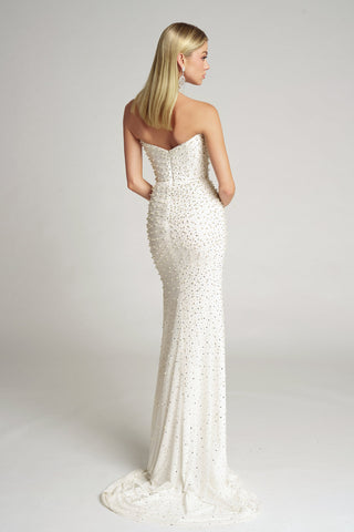 White beaded strapless gown PS26006, from behind.