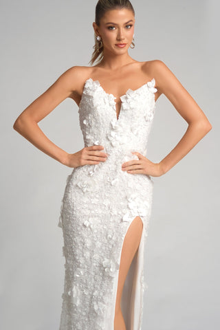 Ivory floral gown PS26019 with high slit.
