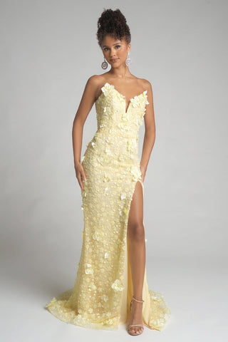 Yellow floral prom dress with high slit