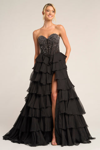 Black strapless formal gown PS26037 with ruffles