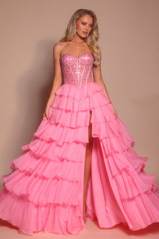 PS26037 Pink Ruffled Prom Dress