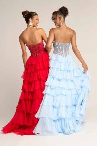 Red and blue tiered formal gowns