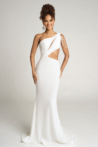 PS26115 Ivory One-Shoulder Gown