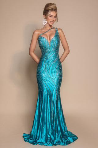 Teal one-shoulder beaded mermaid gown PS26138-Peacock-09